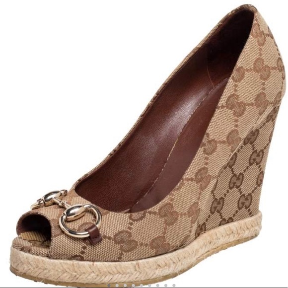 Gucci Shoes - Gucci Beige GG Canvas Charlotte Horsebit Wedge Pumps Size 37.5